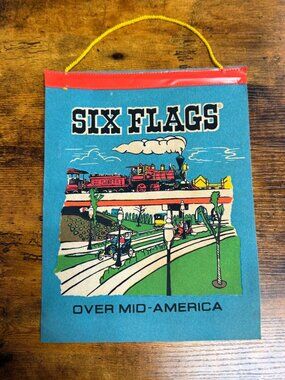 Vintage Six Flags Over Mid-America Hanging Souvenir Colorful Train & Park Scene